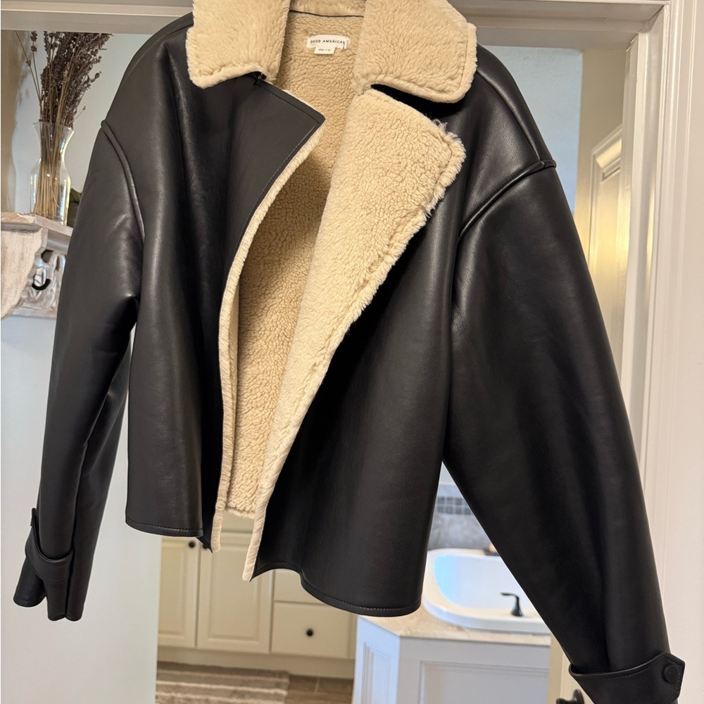 Good American Black and Cream Leather Aviator Jacket